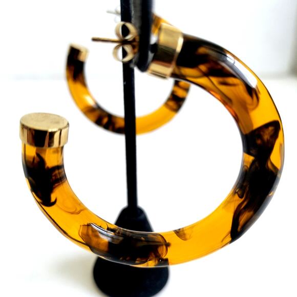 Vermeil Gold-Plated Sterling Base Tortoiseshell Resin Hoop Earrings 2" - Picture 1 of 9